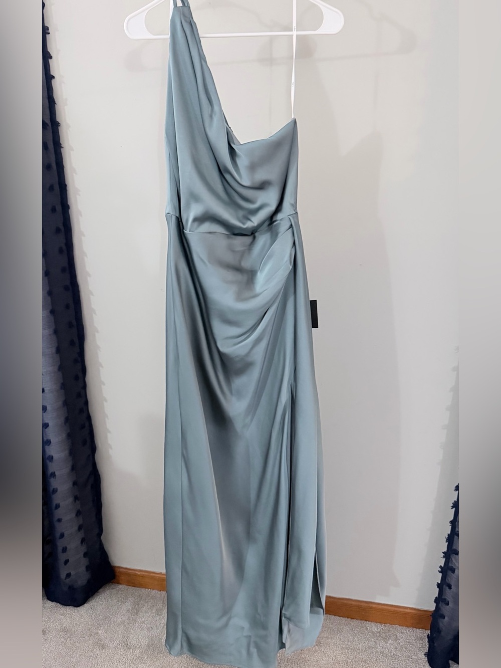 NWT Lulu's One-Shoulder Slate Blue Satin Gown with Slit XL - Picture 6 of 12